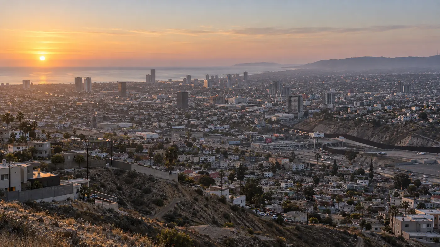 Tijuana al amanecer vista desde una loma, con el mar al fondo