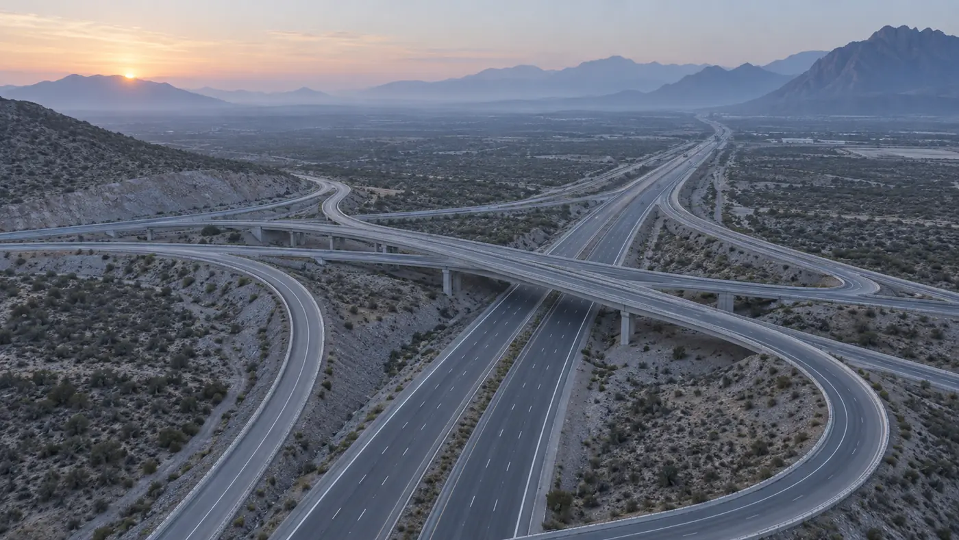 Vista aérea de un nudo carretero al amanecer